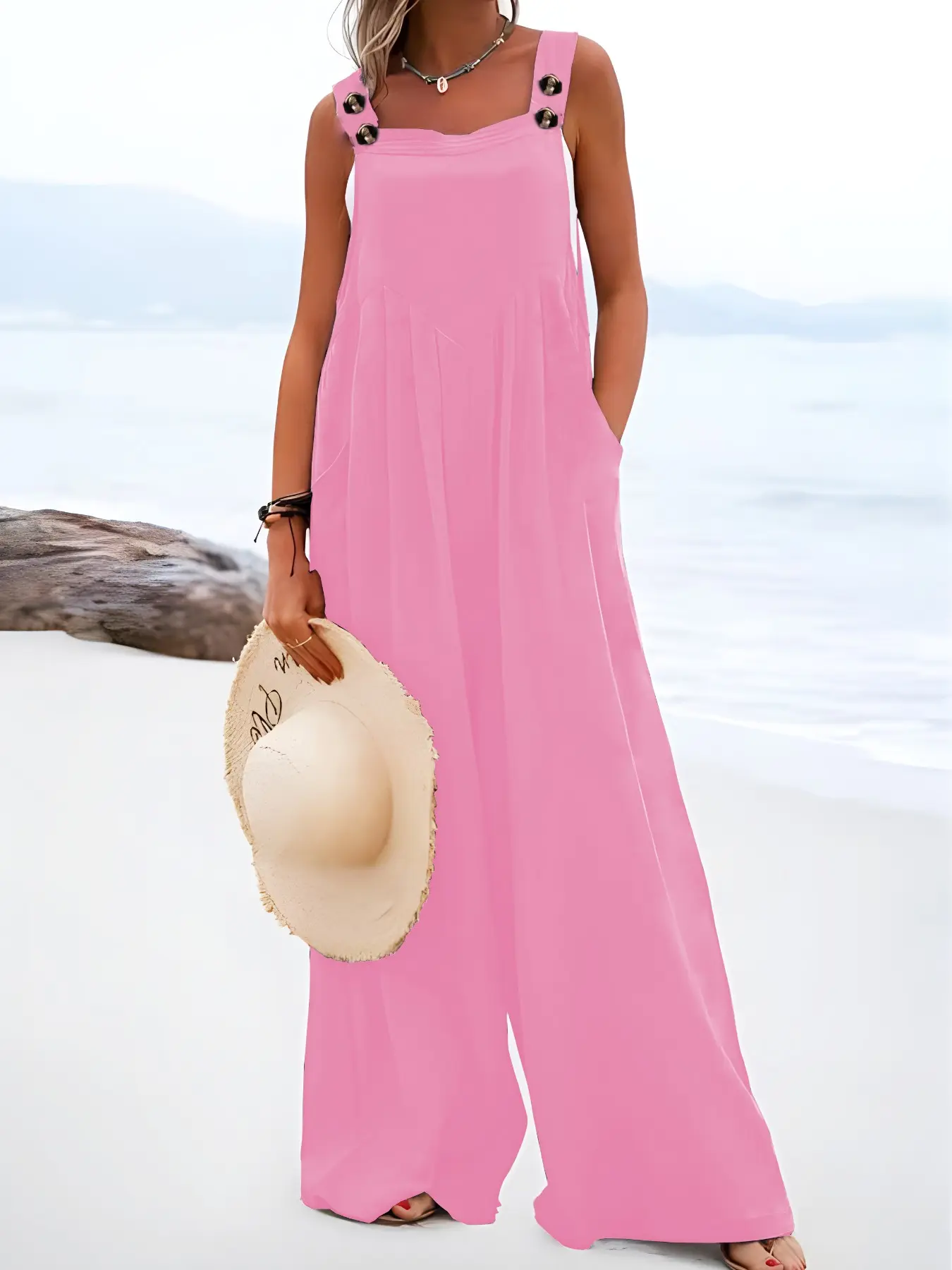 Loose Fit Strapless Wide Leg Overall Pants with Buttons, Slimming Effect Versatile Casual Long Pants for Women, Comfortable and Stylish
