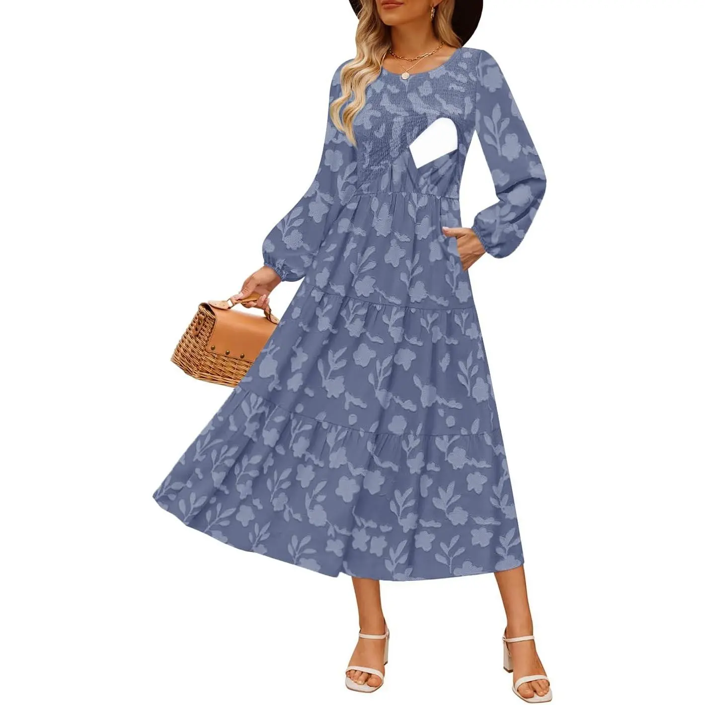 CzzzyL Women's Casual Floral Print Nursing Maxi Dress - Long Sleeve Crewneck, Breastfeed Easy, Lightweight Cloth, Fall Boho Style, Wedding Guest, with Pockets, Machine Washable, Floral Print Dress