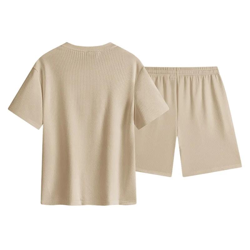 Kyn Apparel Men's Waffle Knit Two Piece Set Solid Color Short Sleeve T-shirt & Elastic Waist Shorts Casual Loungewear Tracksuit