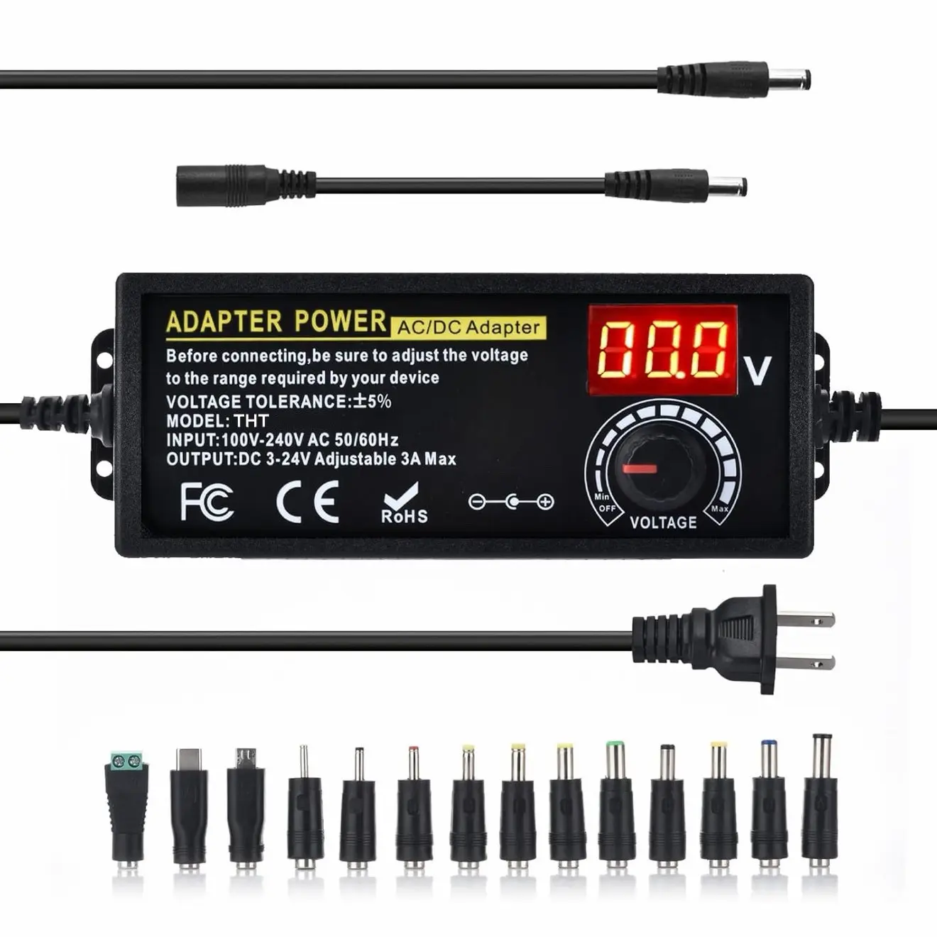 Universal Power Supply, Plug Converter, 3V-24V 3A Max (72W),AC to DC Adapter, US Power Plug, Featuring an LCD Screen And Digital Display, Includes Reverse Polarity Wiring And 14 Connectors outdoorfun, Volt Adapter