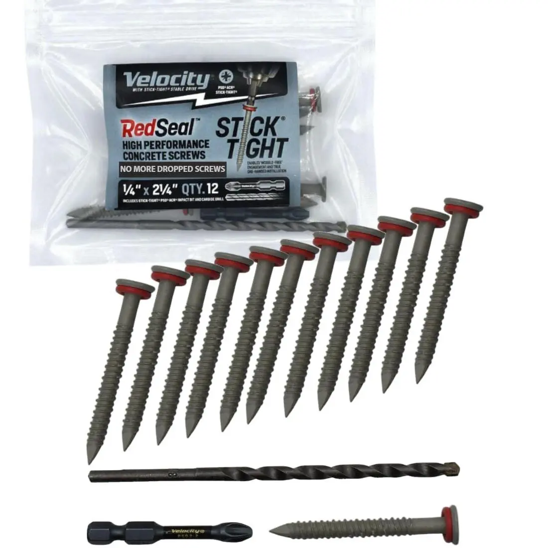 Velocity 2-1/4 in Steel RedSeal Barrier Flat Head Concrete Screws Kit (1/4 in Size) - 12 High-Performance Pcs, 1 Drill Bit, 1 Driver Bit, Hex Head, Anti-Wobble Installation, Outdoor Fixing