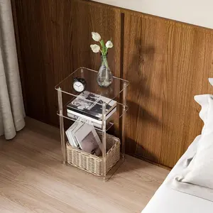 Acrylic Transparent Sofa Side Table, Clear Acrylic Table, Home Decor Three-Tier Bedside Cabinet, Modern Nightstand, Storage Nightstand, Suitable for Living Room Bedroom, Modern Design