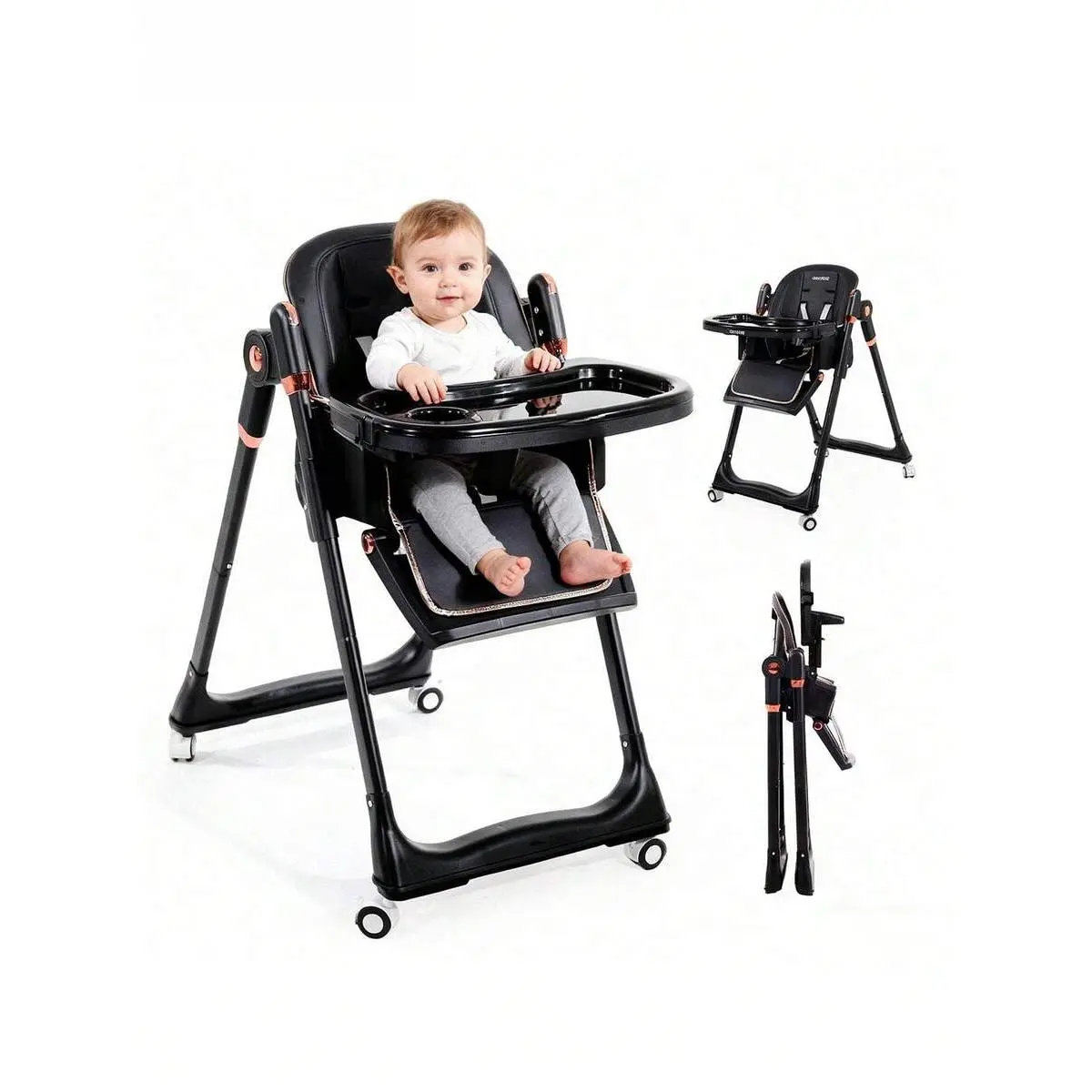 3-in-1 Baby High Chair for Feeding - Reclining Infant Chair with Removable Tray & Lockable Wheels - Easy-Clean Portable Booster Seat, Grows with Baby from Infant to Toddler