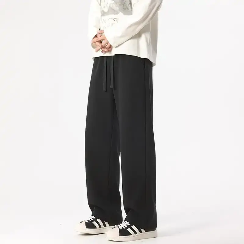 Men’s American High-Street Black Long Sweatpants - Fluid Drape, Wide Straight Legs, Drawstring Waist, Floor-Length, Loose Slimming Fit, Versatile Sport-Casual Pants for Spring/Fall, Youthful Laid-Back Style, Suitable for Commuting