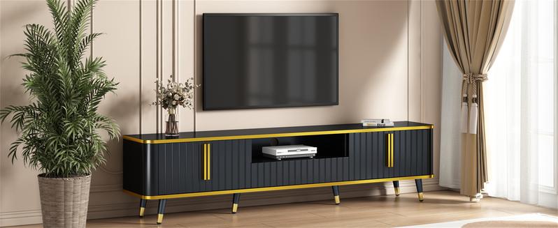 [Bellemave]ON-TREND Luxury Minimalism TV Stand with Open Storage Shelf for TVs Up to 85", Entertainment Center with Cabinets and Drawers, Practical Media Console with Unique Legs for Living Room, Black