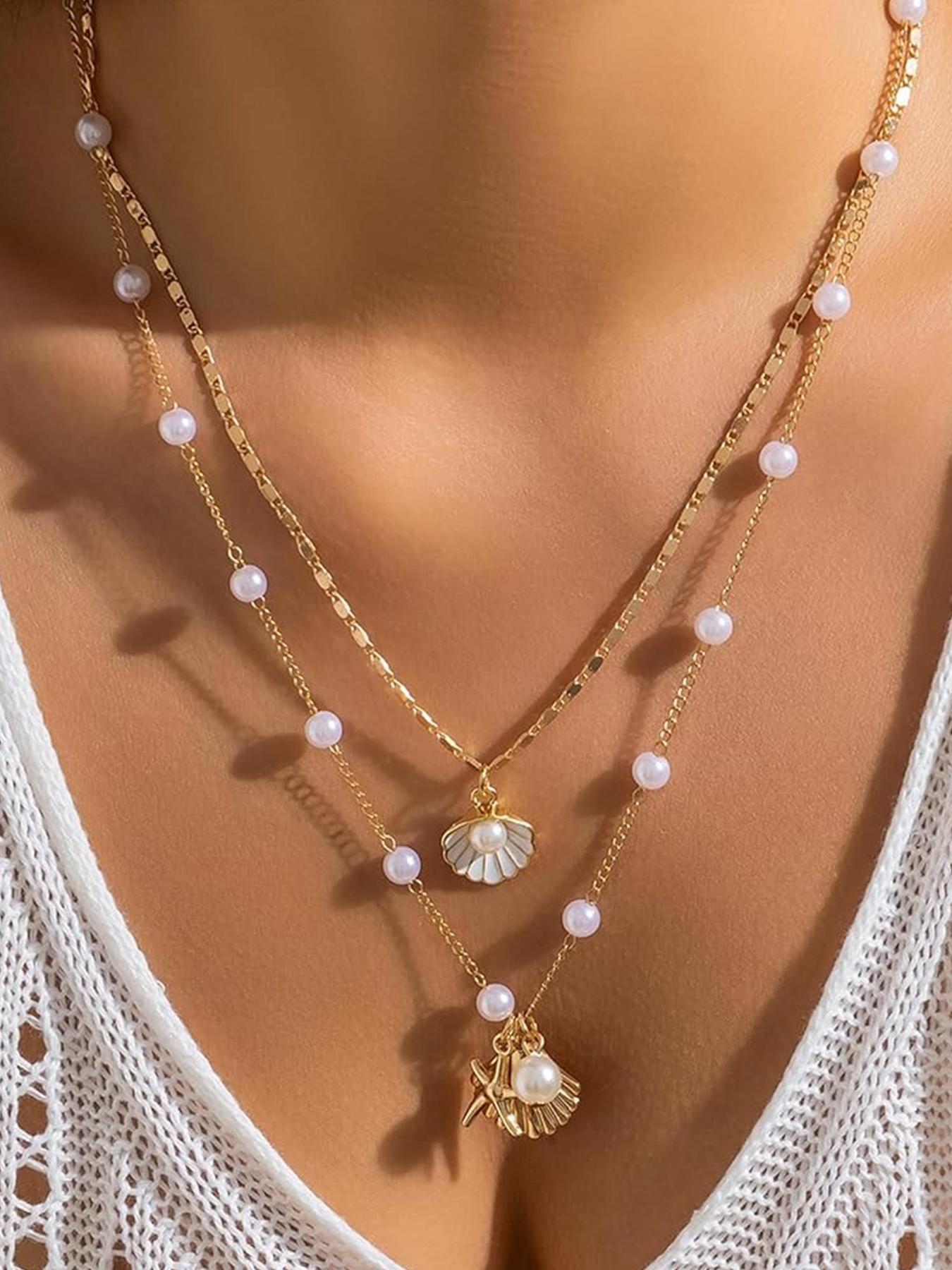 Shell & Starfish Design Pendants Necklace, Beach Jewelry 