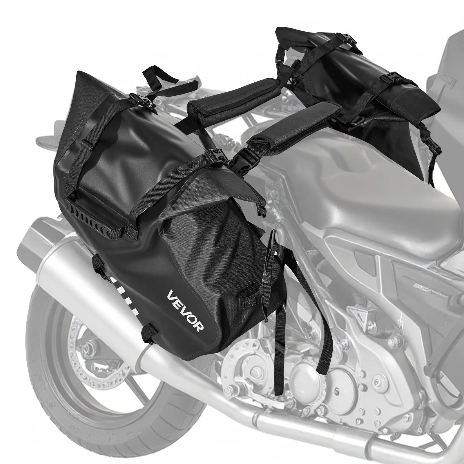 VEVOR Motorcycle Saddlebags, 28L (14L x 2) Large Capacity Waterproof Side Bags with Shoulder Pad, Rain Cover, Side Handle, 17.9x6.7x9.4in Bottom Strap, Compatible with Most Motorcycles for Motorcyclists, Black Commuting Luggage, Inches