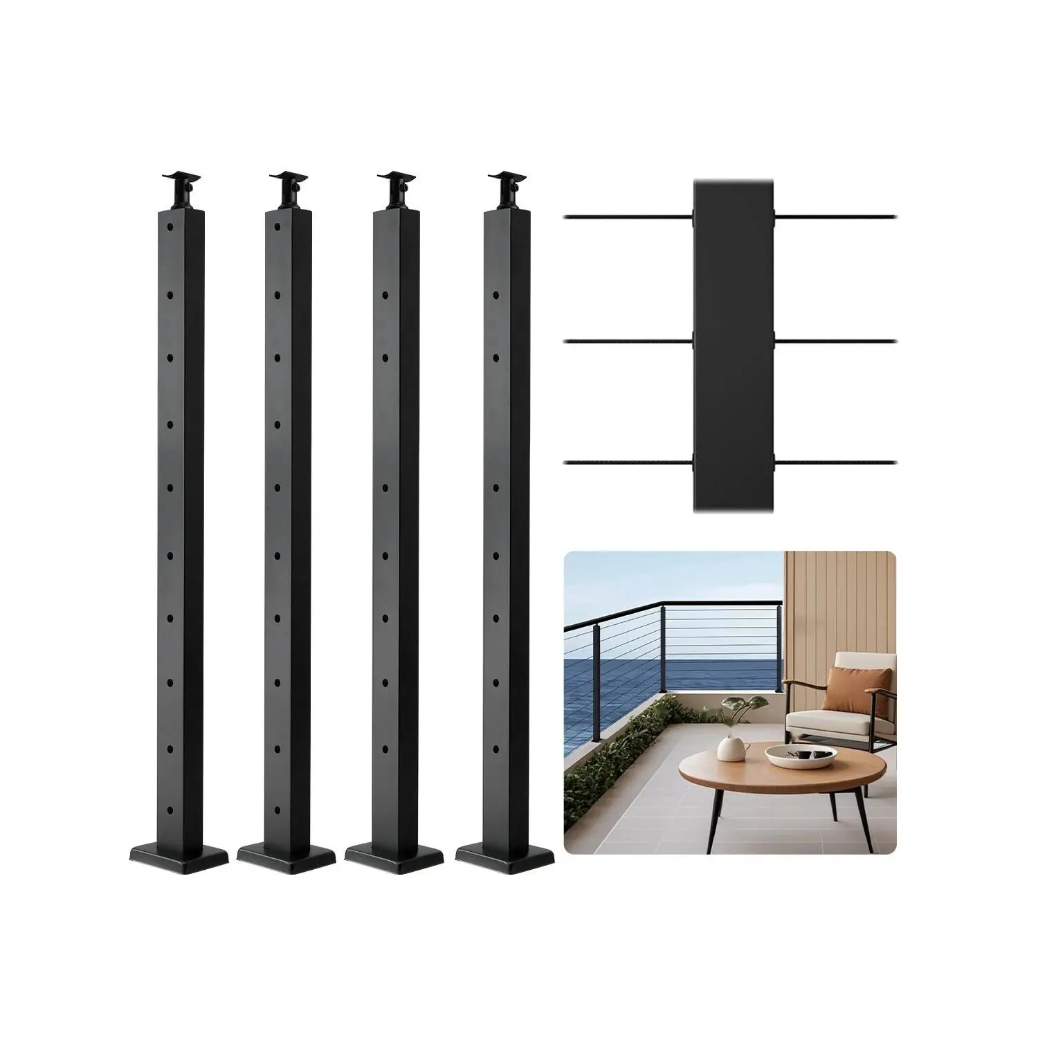 4-Pack Stainless Steel Metal Cable Railing Post Kit, 36" & 42" Heights (36x1x2 in Horizontal-Hole Posts), Pre-Drilled Holes, Black Finish, Weather Resistant for Decks Stairs, Commercial Compliant Outdoor System with Horizontal & Curved Brackets