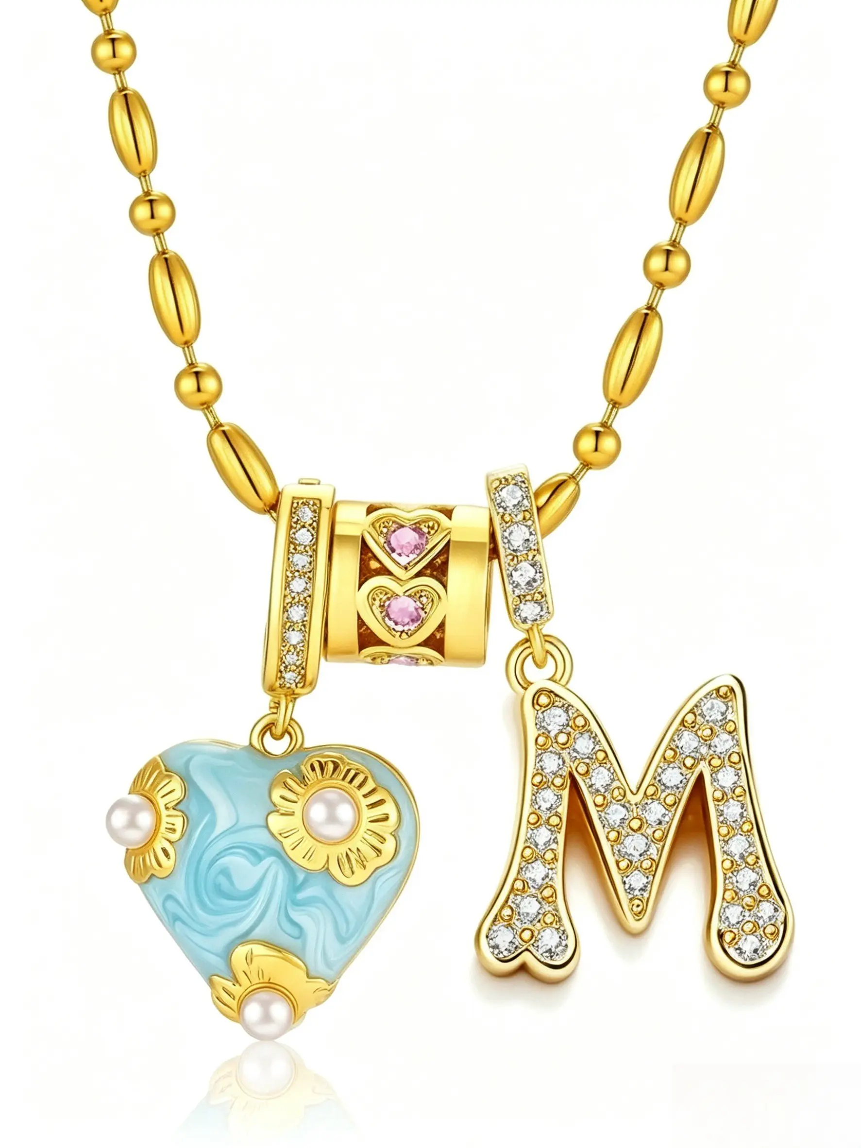 French Vintage Oil Drop Flower Heart Initial A-Z Pendant Necklace, Adjustable Chain 17-19 Inches, Women's Valentine Jewelry Set
