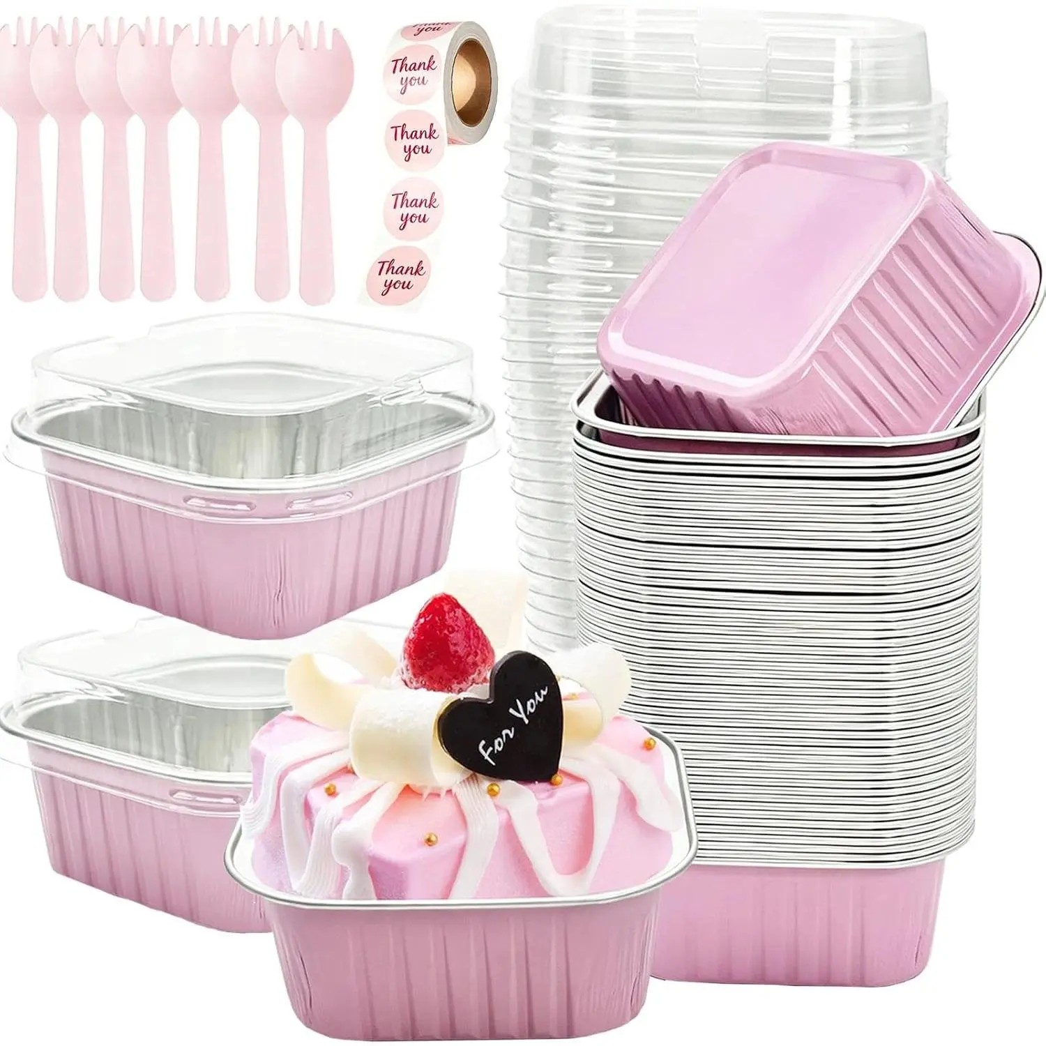 50 count  Disposable  Foil Mini Cake Pans With  Spoons, Square Individual Baking Cups Dessert Containers For Party Picnic Wedding Baking
