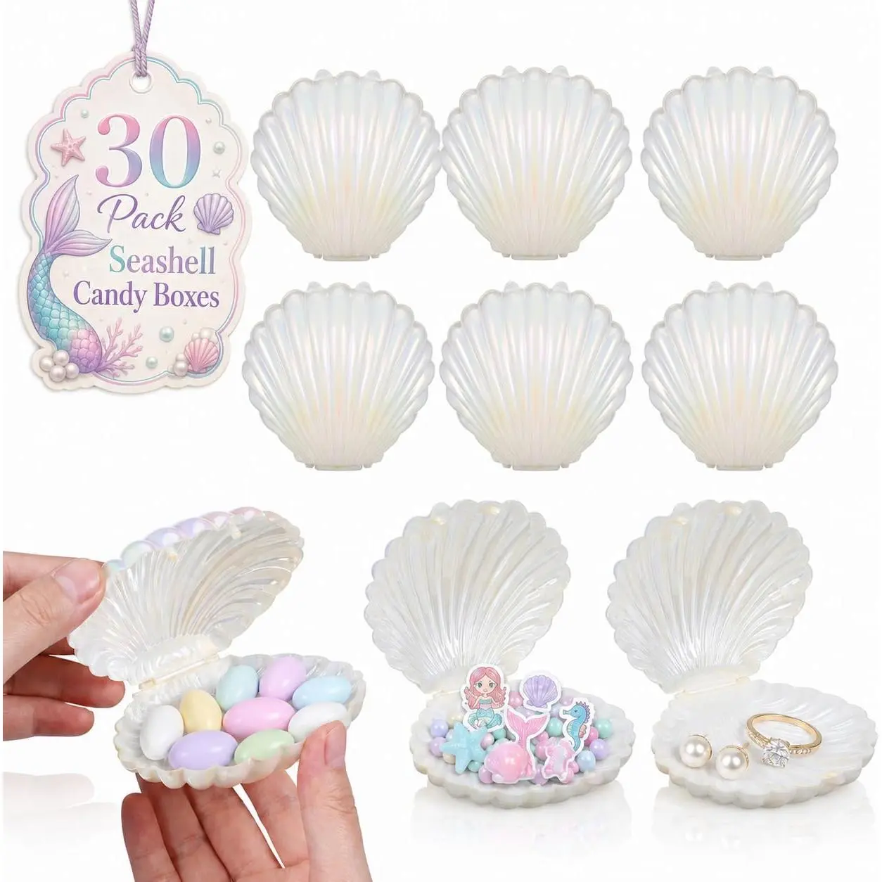30 Pack Seashell Candy Boxes Party Favor Containers ( White) | Shell boxes for wedding and bridal shower favors; holds candy,  and keepsakes, 3.58 x 3.03 x 1.77 in