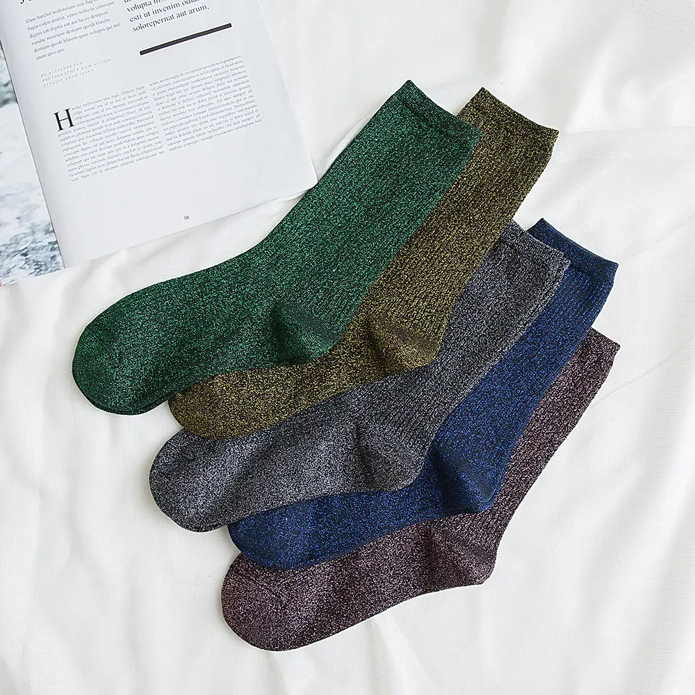 Metallic Glitter Slouchy Mid Calf Socks Soft Breathable Shimmer Yarn Knit Stackable Ankle Socks High Elastic Multi Color Fashion Foot Cover For Women Sneakers Daily Commute Party