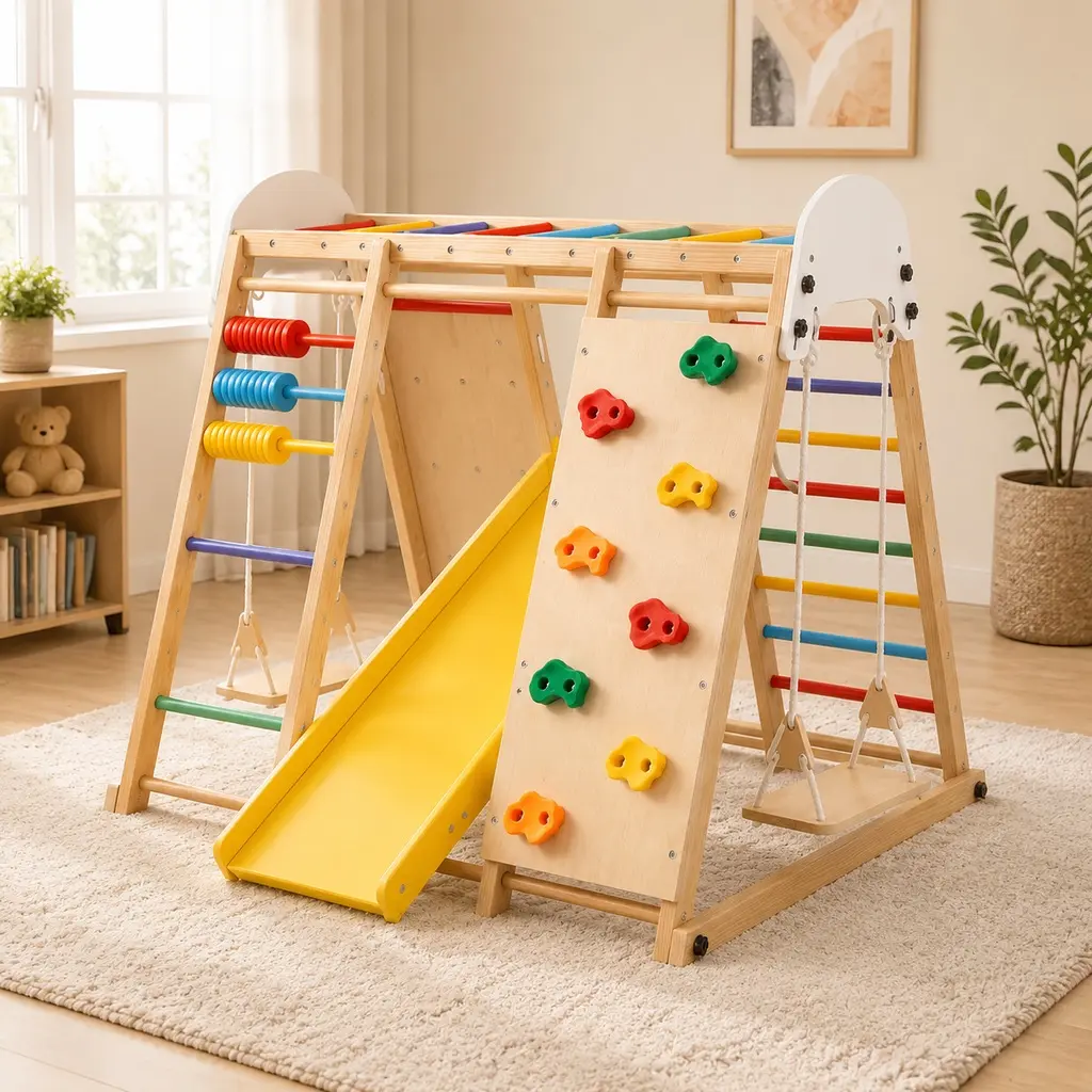 ARCH 9-in-1 Foldable Wooden Kids Climbing Frame Playset - Slide, Swing, Monkey Bars, Climbing Rock, Abacus Game - Indoor Outdoor Playground for Ages 3+, 176LBS Capacity, Natural Wood, 42.52W x 46.46D x 46.06H in, Balance, Unisex