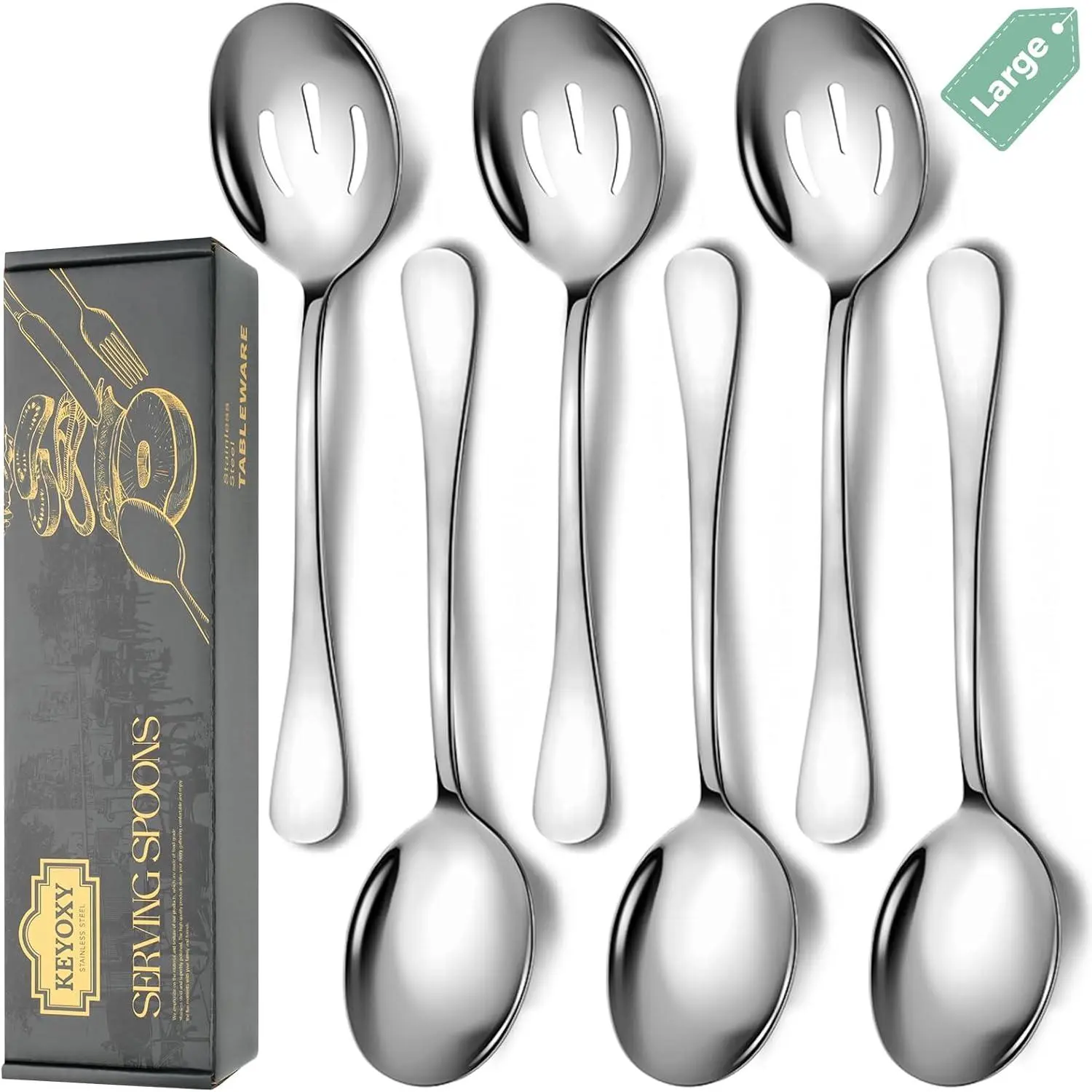 Stainless Steel Serving Spoons Set 6pc 10-Inch Includes 3 Large 3 Slotted for Parties Kitchen Buffet Catering Dishwasher Safe