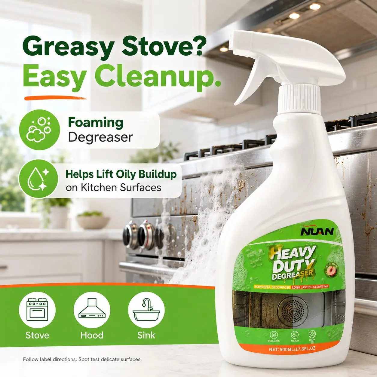 NUAN Heavy Duty Degreaser Cleaner, Household Liquid Stove & Oil Stain Cleaner - Fast Action Effective Stain Removal for Kitchen Cleaning - MY0522