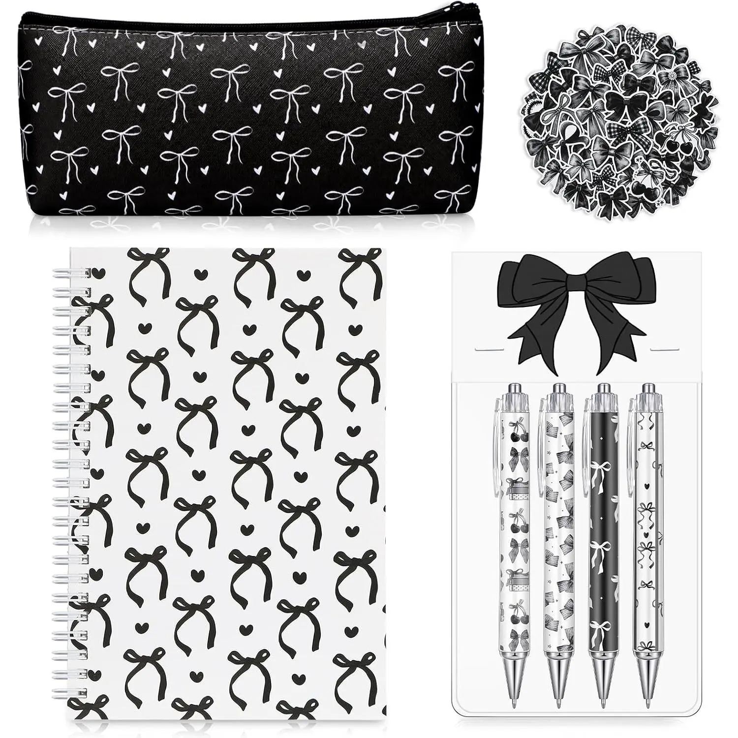 Black Bow Set Pen Spiral Notebook Journal Pencil Case Sticker | Cute Black  Set,  Supplies, Preppy Aesthetic, Fancy Ballpoint Pen for Women, Desk Accessories