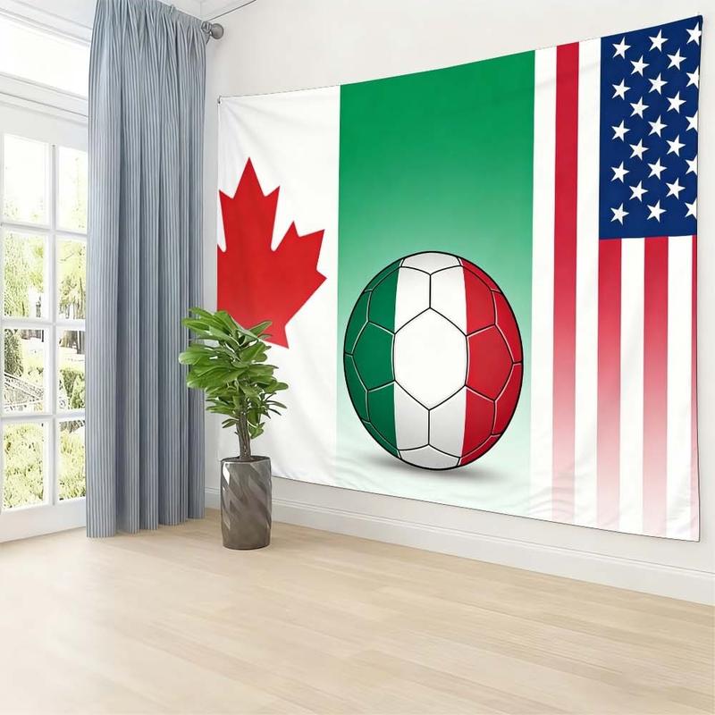 1 pc microfiber FIFA World Cup Tapestry Wall Hanging Soccer Flags Decor Living Room Dining Room Bedroom Outdoor Holiday Atmosphere Enhancement Green Red White American Canadian Flag Soccer Ball Art Multinational Sports Theme Stylish Decorative Background
