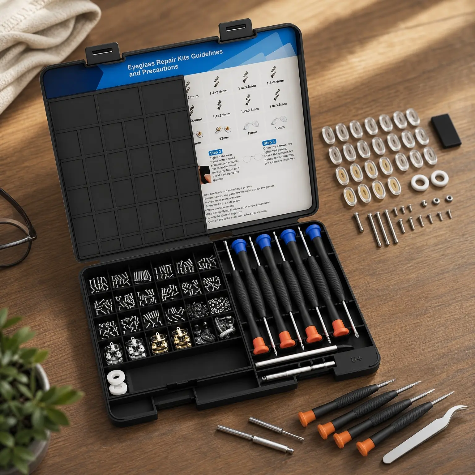 All-in-One Eyeglass Repair Kit with 16 Sizes of Screws, 12 Pairs of Nose Pads, Tweezer & Precision Screwdriver Set for Glasses, Sunglasses & Small Electronics