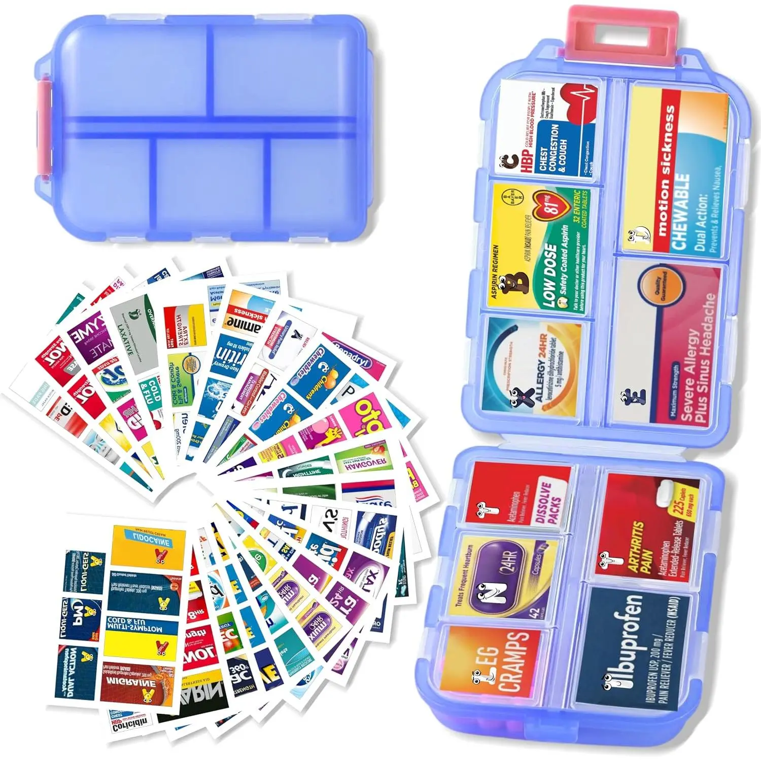 Pill Organizer with 161 Medicine Labels, Daily Travel Pill Case (Blue) |   Compact 10-compartment pill case and pill box with 161 medicine labels for 7-day planning, vitamins, supplements, and travel