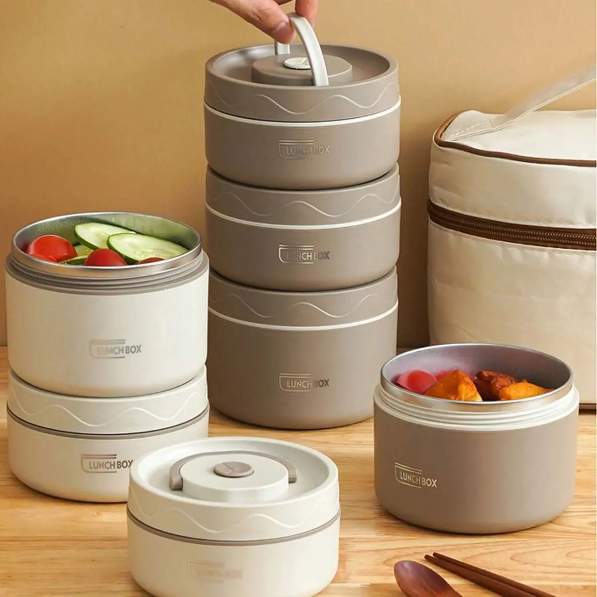3-Piece Set 304 Stainless Steel Insulated Lunch Box, Portable Double-Layer Lid, Geometric Pattern, Ideal for Students and Office Workers