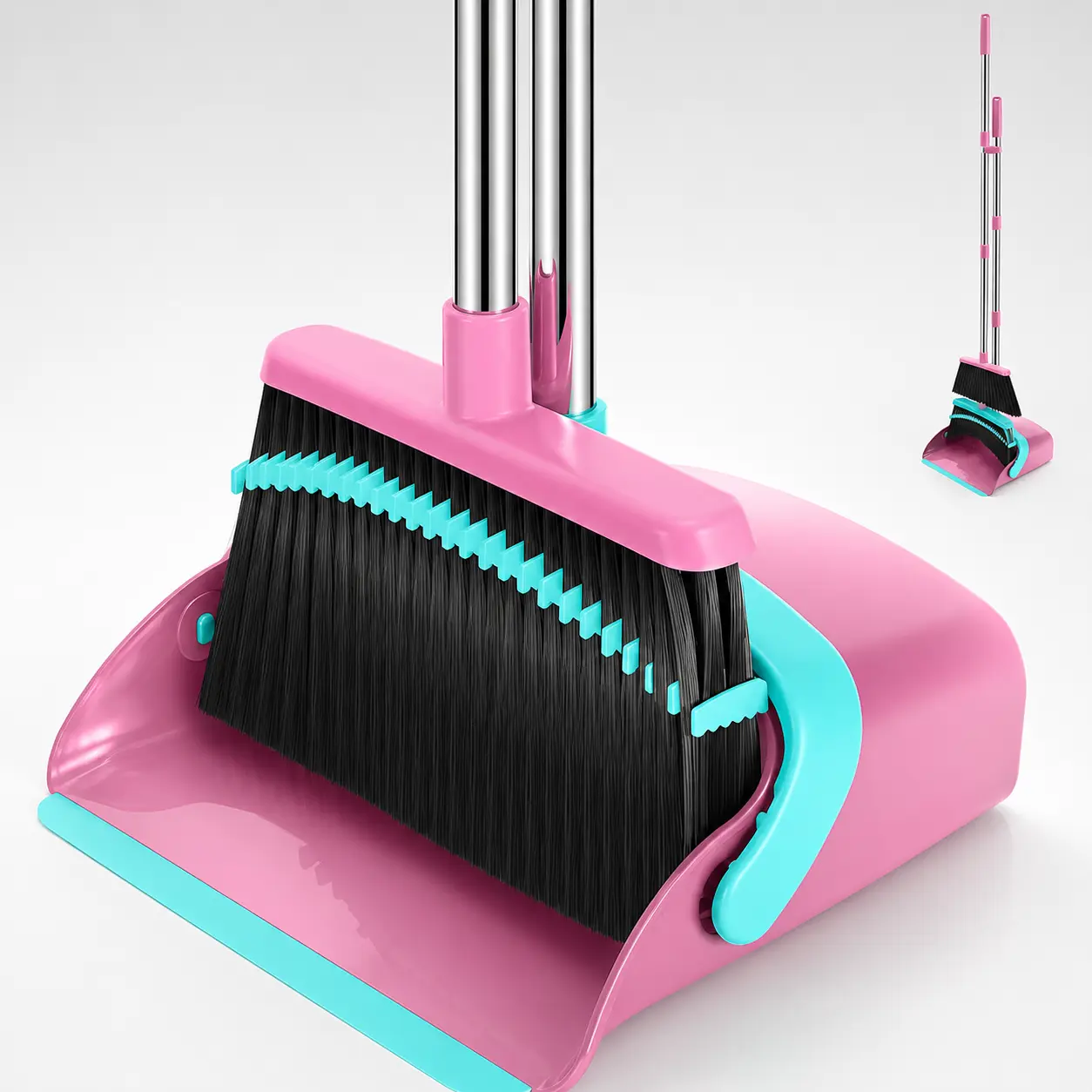 Adjustable Handle Broom and Dustpan Set - 52-in Long Combo with Built-in Teeth for Hair Sweeping, Home Kitchen Floor Cleaning, Sweep