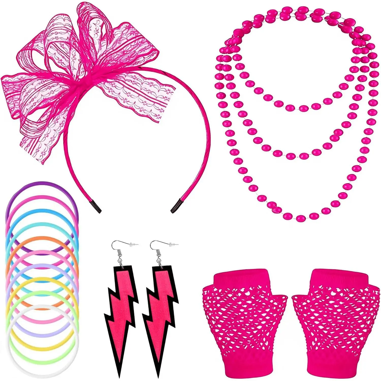 80S Fancy Dress Costume Accessories Headband Errings Fishnet Gloves Necklace Bracelt Party Outfit Set