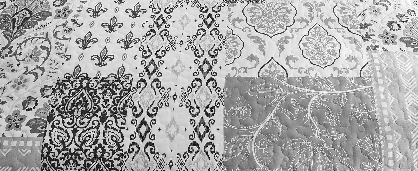 Grey Set King Size,Bohemian Floral Patchwork Bedspread Coverlet Set, Soft 3 Pieces Boho Bedspreads Bedding Set for All (104"x90")