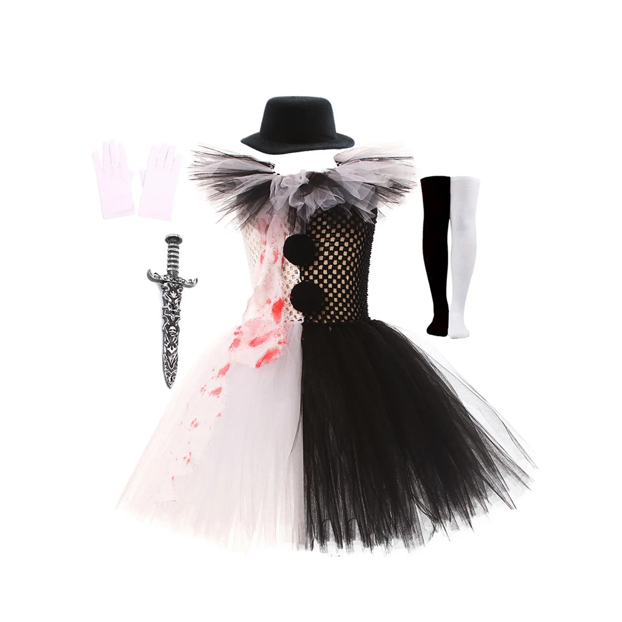 Cpzvucak Scary Halloween Clown Costume for Kids Girls Outfit Tulle Tutu Dress Knife Socks Gloves Hairpin Sets for Halloween Party Cosplay Dress Up