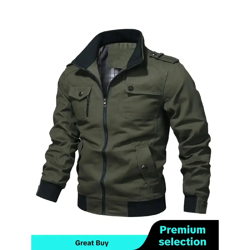 Men's Pocket Zipper Jacket, Regular Fit Casual Long Sleeve Funnel Neck Outerwear Clothing for Fall & Winter, Mens Menswear Clothes for Daily Wear Coats