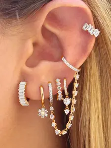 6Pcs Gold Plated Earring Stack Set Dainty Cubic Zirconia Flower Drop Chain Hoop Earrings Set Women Fashion Jewelry ﻿