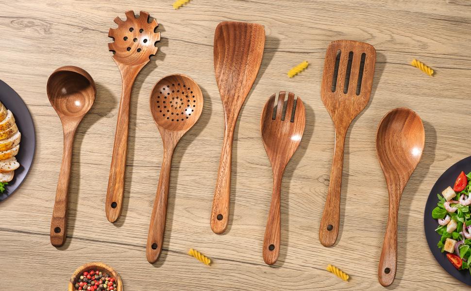 7 PCS Wooden Spoons for Cooking Natural Teak Kitchen Utensils Smooth Non-Stick Surface Cooking Utensils Set Soft Comfort-Grip Wooden Utensils for Cooking