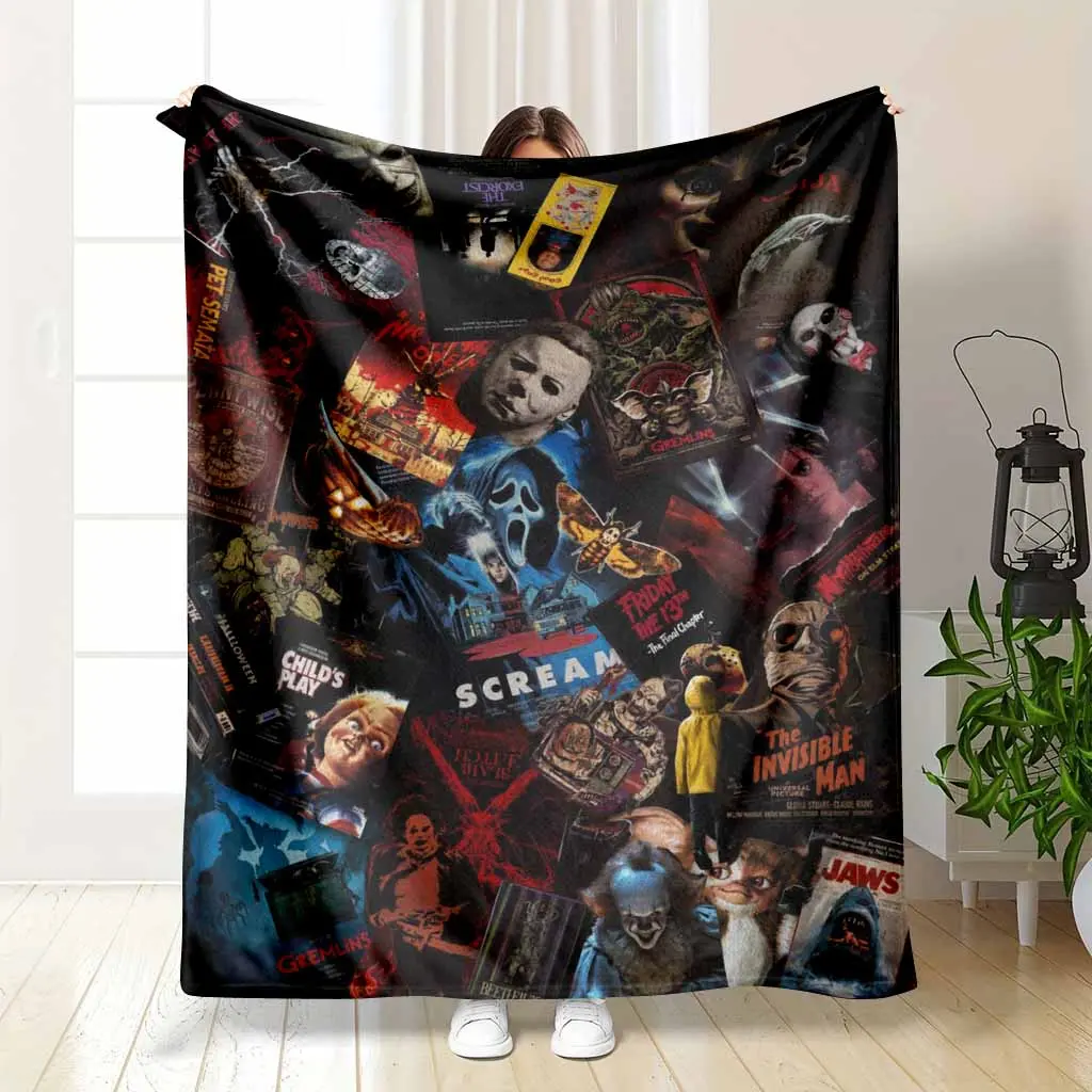 Classic Movie Prints Flannel Blanket - Vintage Horror Elements, Flannel Fabric, All Seasons, Ultra Soft, Lightweight, Durable, Warm, Cozy Throw for Couch & Bed, Multi-Size, Halloween Decor, Theme Party Gift, Aesthetic Home Bedding