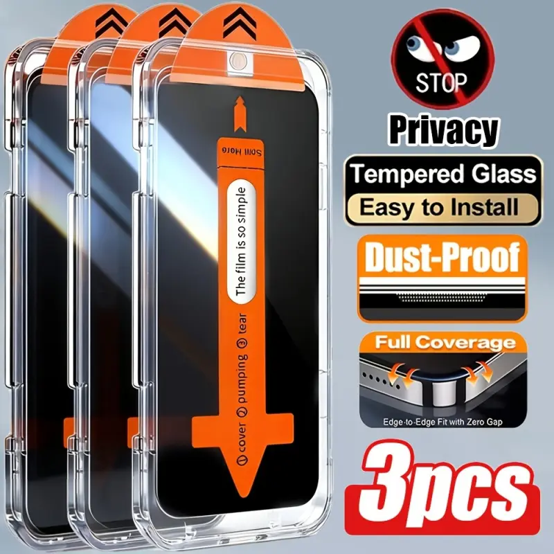 [Three-piece dust-free privacy screen protector box] 3 pcs Oleophobic Coating Anti Spy Tempered Glass Film For iPhone 17 Pro Max/17e/17 Air/17/16 Pro Max/16/16e/15 Pro/15/14/13/12/11/Plus/X/XR/XS Max 3 Privacy Screen Protectors Accessories