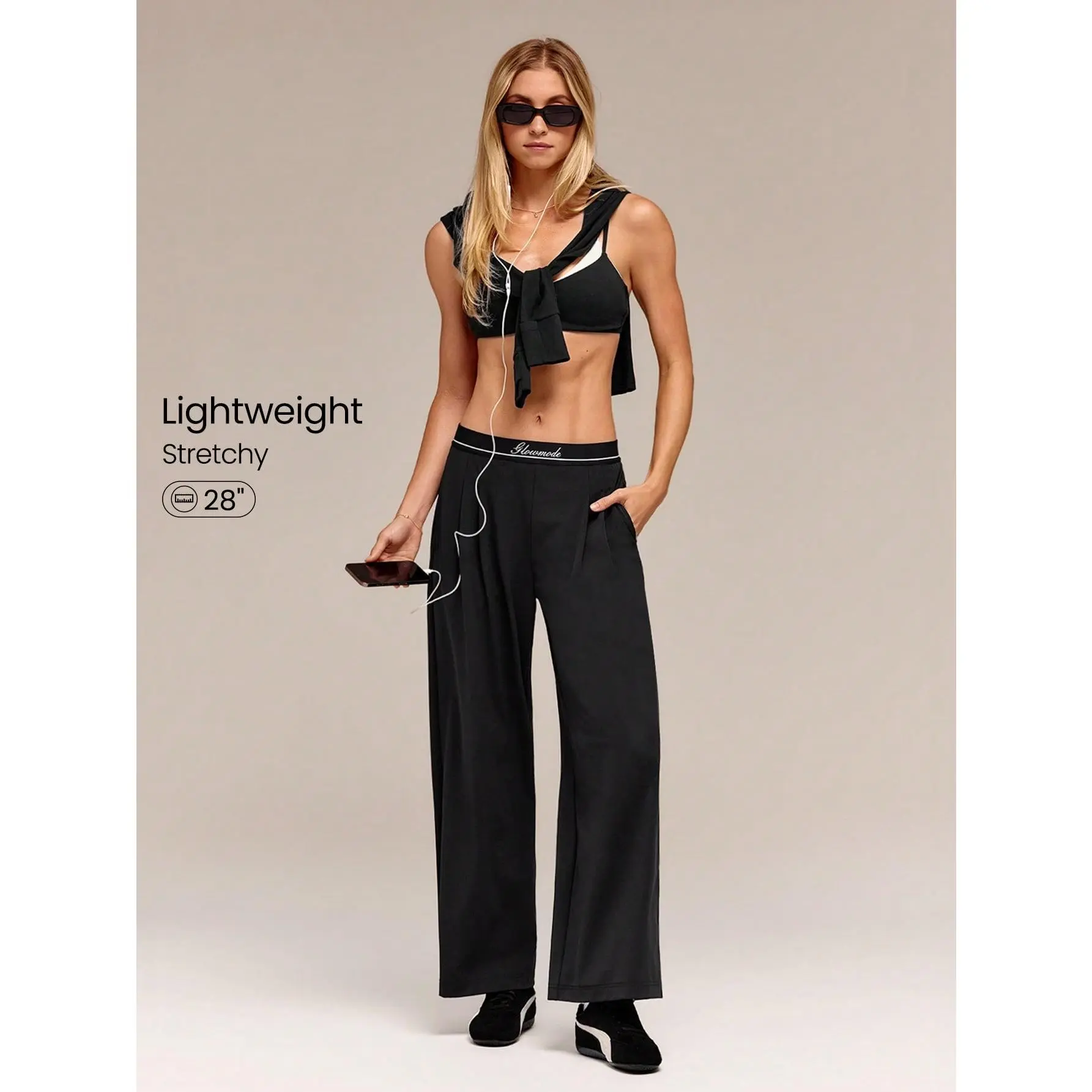GLOWMODE 29" VitalSwift Glow Flow Lightweight Wide-Leg Jacquard Stripe Pants With Elastic Waistband Side Pockets Petite Daily Casual Wear