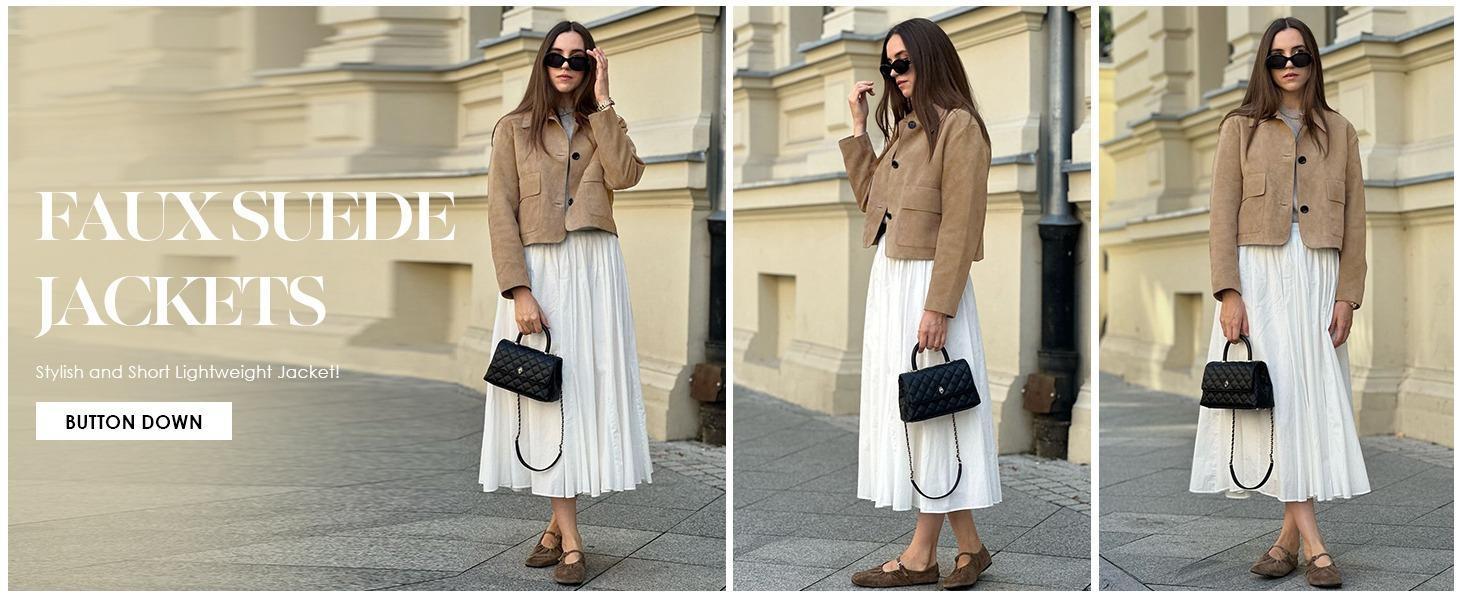 Imily Bela Womens Faux Suede Leather Jackets Casual Cropped Coats Vintage Button Down Shackets