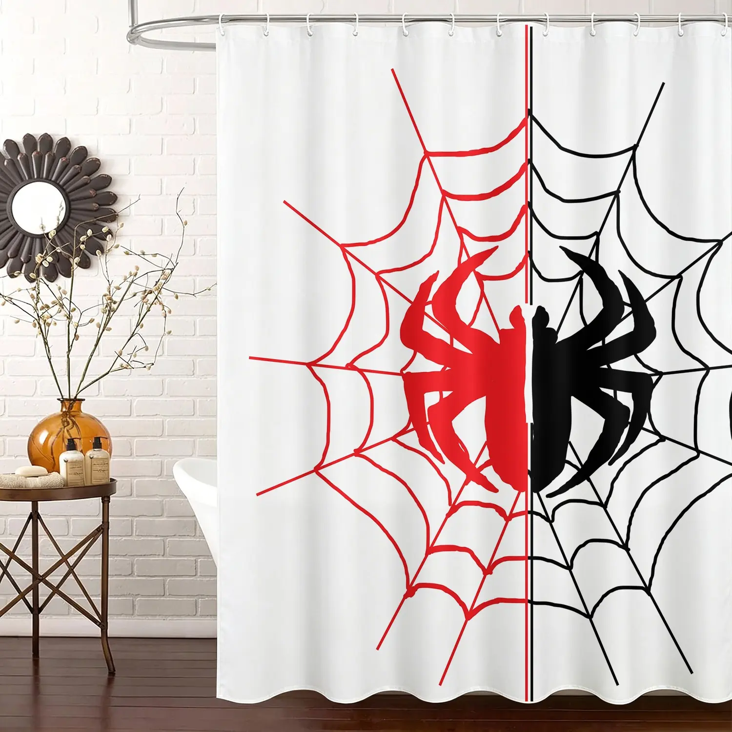 Cool Split Red‑Black Spider Web Shower Curtain Set, Waterproof Cloth Fabric Bathtub Curtain 72"x72" with 12 Hooks, Contrast Graphic Pattern, Teen Boys Kids Bathroom Decor Accessories