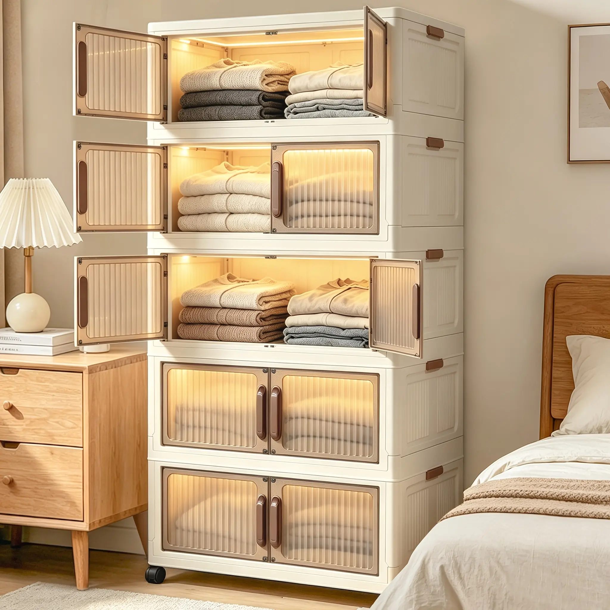 Extra Large Stackable Foldable Storage Cabinet, 2/4/5 Tier Space Saving Storage Bins with Wheels & Lids, Multi-Functional Organizer for Books, Clothes, Shoes, Ideal for Entrance, Corridor, Bedroom, Wardrobe, Office