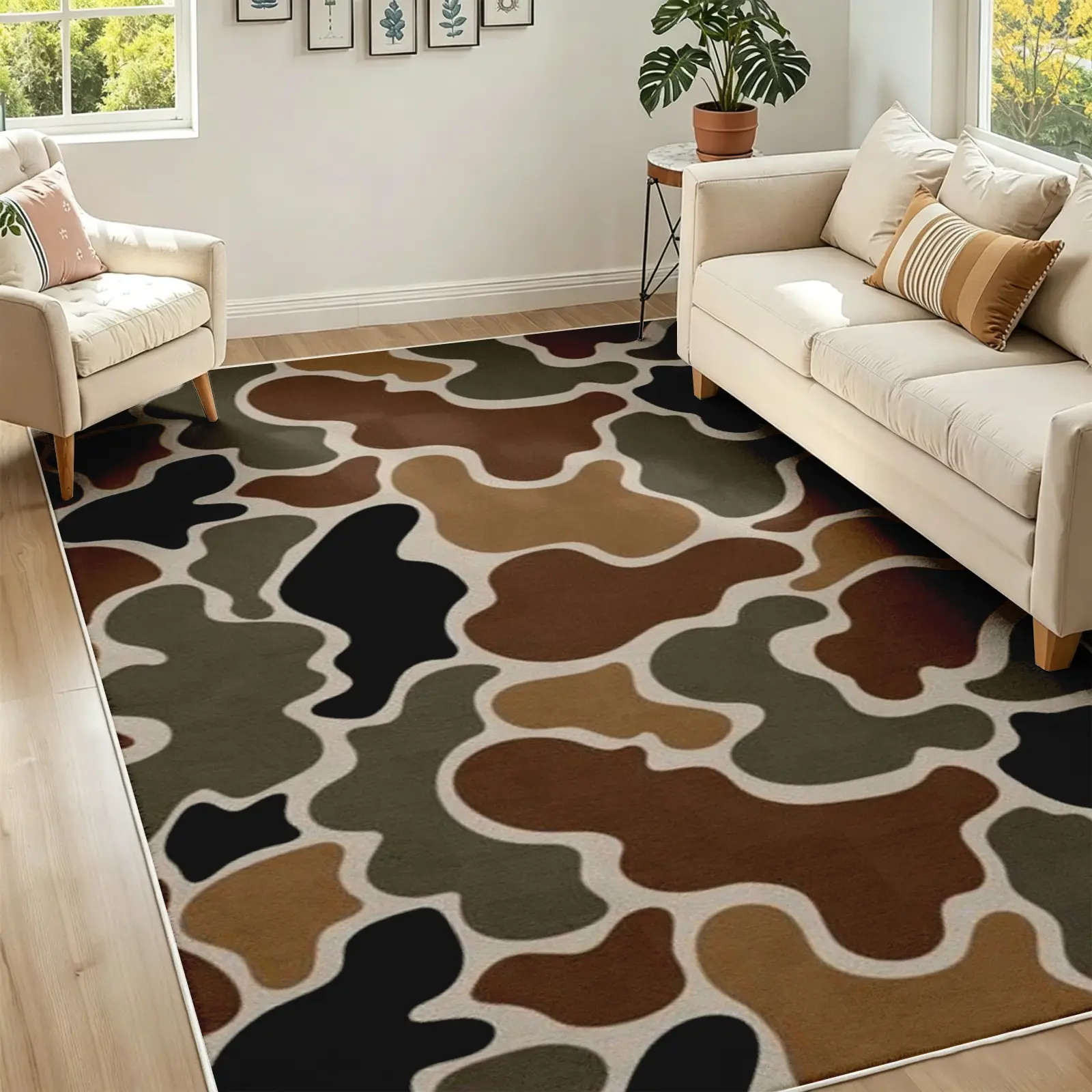 Whimsical Abstract Organic Area Rug, Earth Tone Fluid Pattern Soft Non-Slip Machine Washable Carpet, Low Pile Aesthetic Floor Covering, Rugs for Living Room Bedroom Decor Alfombras para Sala