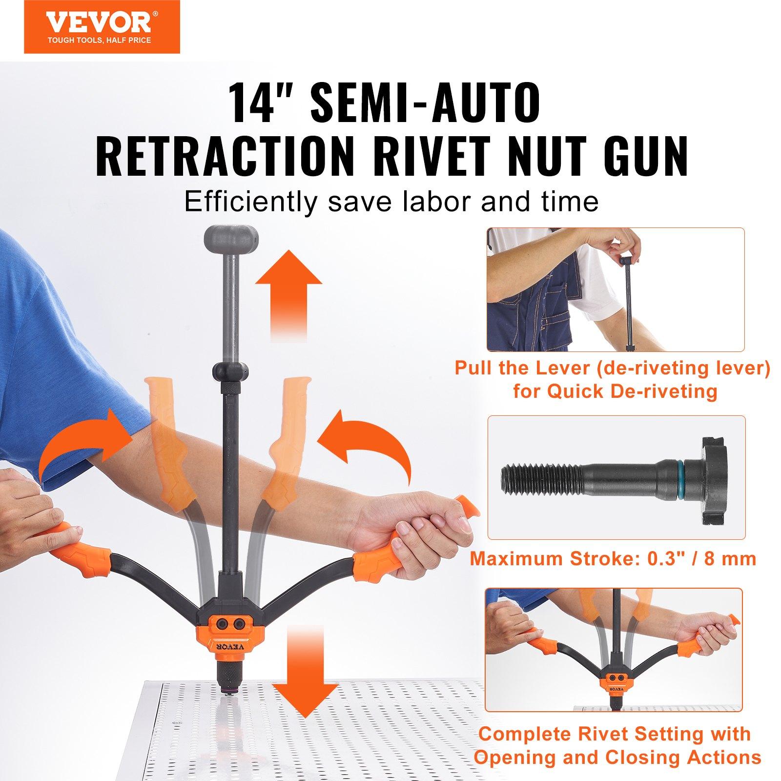 VEVOR Rivet Nut Tool, 14" Rivnut Tool Kit with 7 PCS Metric and SAE Mandrels, 70 PCS Assorted Rivet Nuts, 10-24, 1/4-20, M6, 5/16-18, M8, 3/8-16, M10, Rivet Nut Kit With Rugged Carrying Case