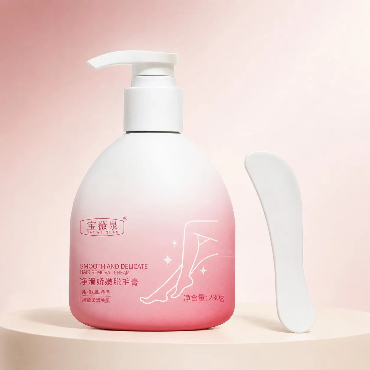 BAOWEIQUAN Body Hair Removal Cream 230g, Gentle Depilatory Cream with Pump and Applicator for Legs, Arms and Underarms, Smooth Delicate Skin