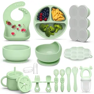 16 Pack Silicone Baby Feeding Set, BPA-Free Baby LED Weaning Supplies, Include Suction Plates, Baby Bowls, Silicone Fork & Spoon, First Stage Baby Food Eating Utensils for 6+ Months, Green