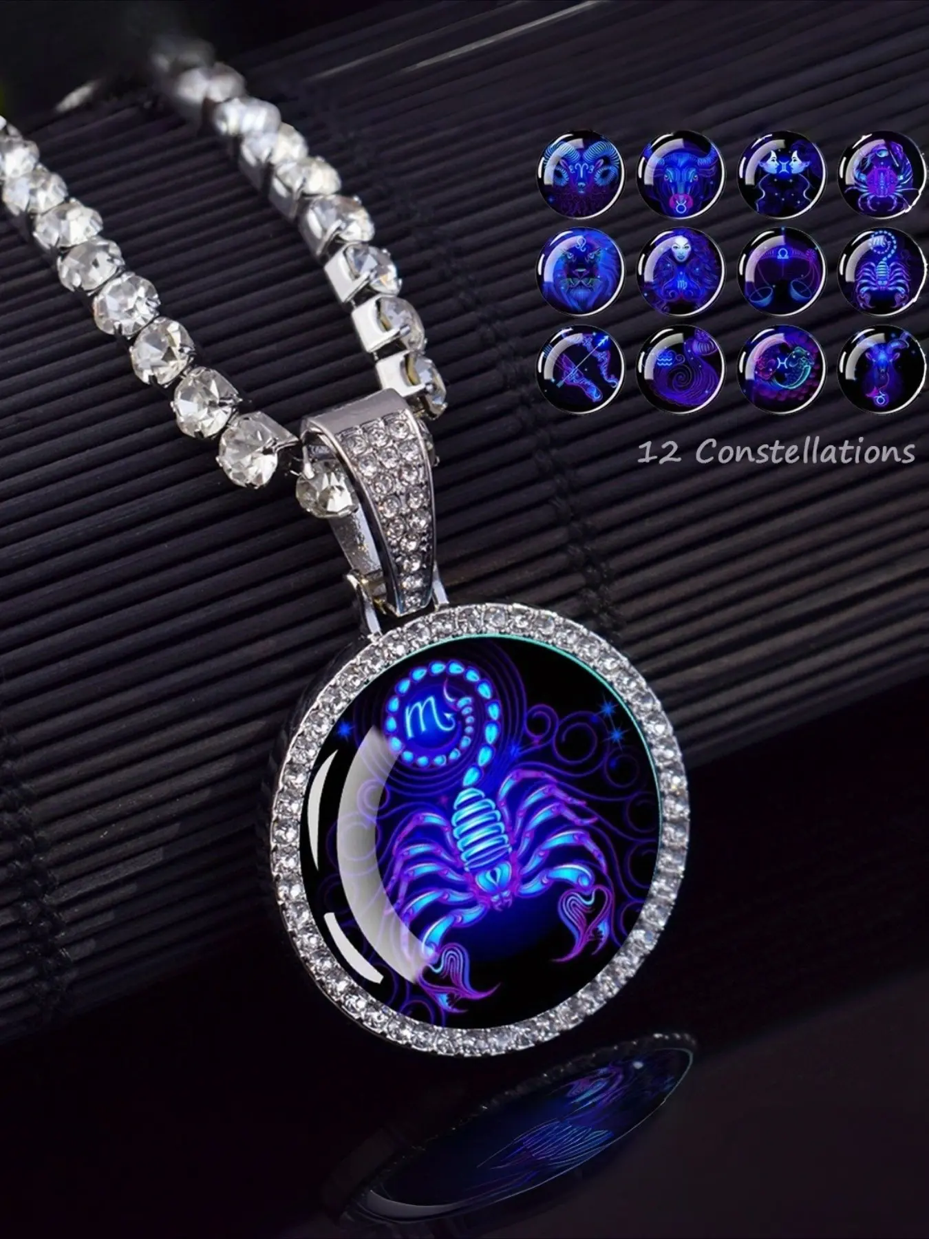 1pc Zodiac Signs Glass Dome Rhinestones Pendant Chains Necklace | Elegant Rhinestone Necklace 12 Constellations Aries Scorpio Leo Virgo Pisces Capricorn for Men and Women Astrology Fashion Jewelry Birthday Gift