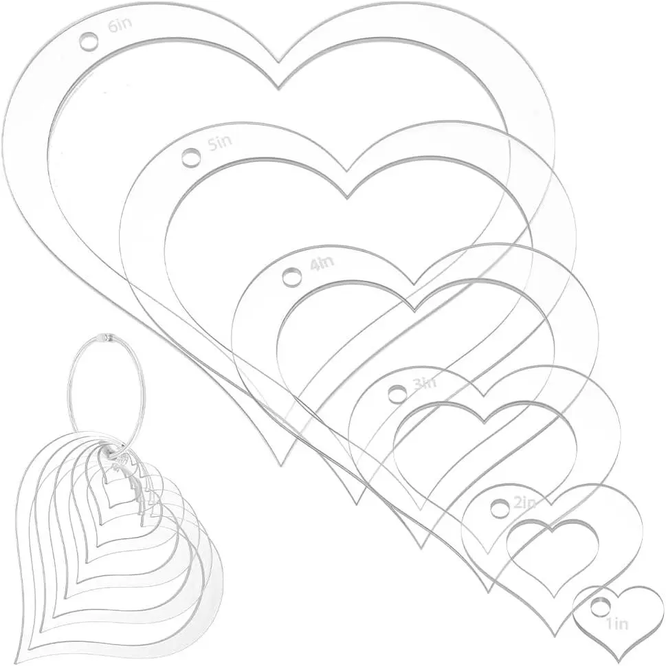 6-Count Transparent Multi-Size Geometric Quilting Templates Set with Hinged Rings - Heart Ruler Guides (0.98x0.78in to 5.91x5.31in) for Quilt Blocks, Fabric Marking, Hearts