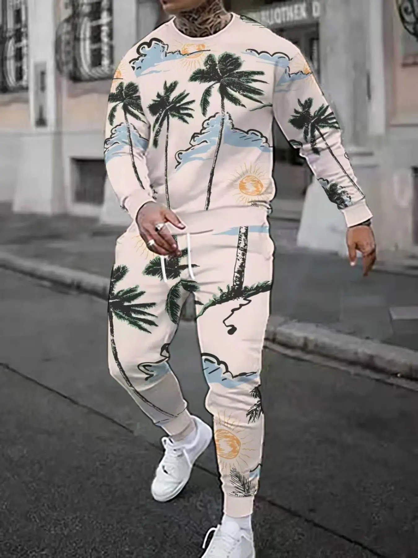 Men's Vintage Hand-Drawn Coconut Tree Sun Cloud Print Two-Piece Set, Round Neck Long Sleeve Sweatshirt + Drawstring Ankle Pants, Casual Streetwear
