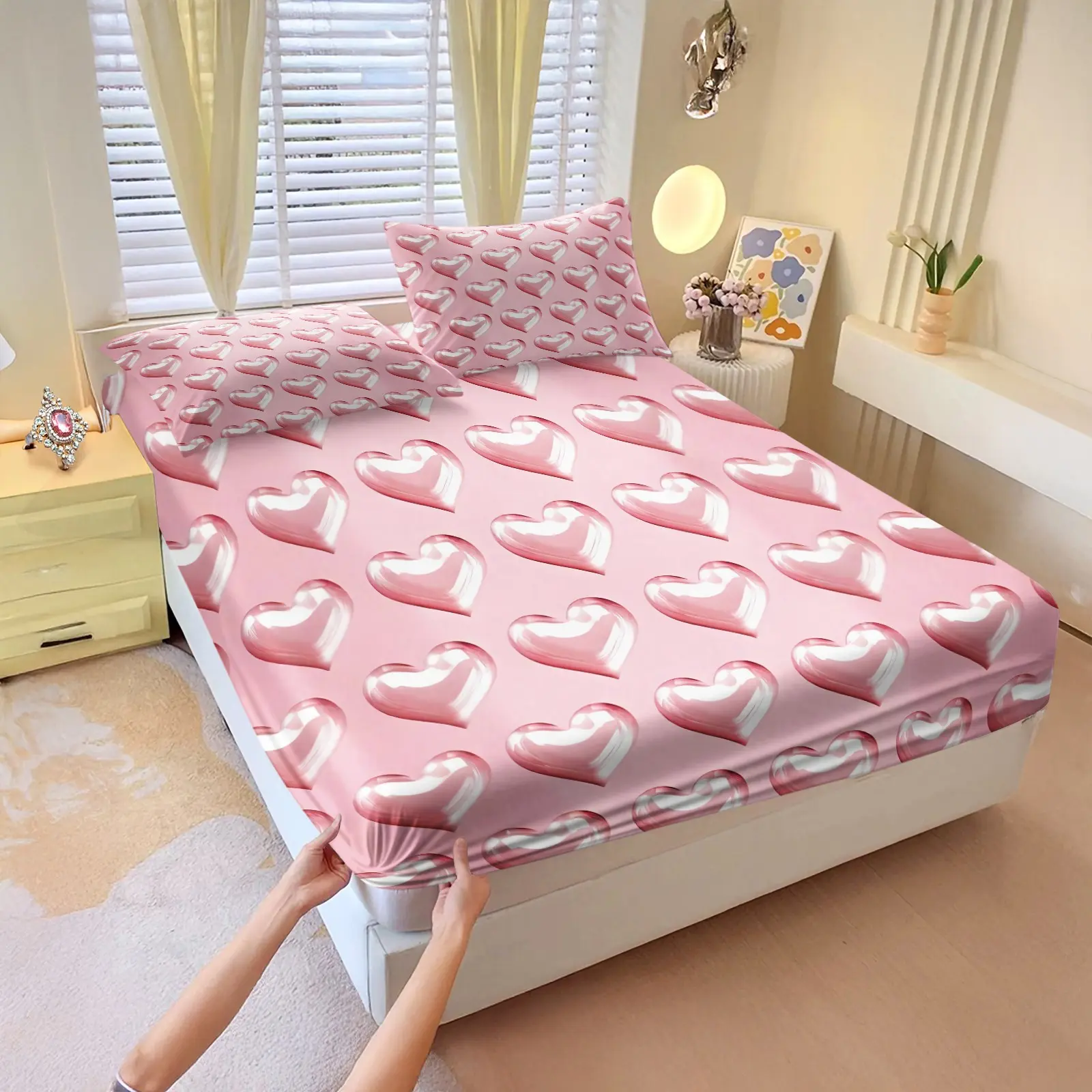 3PCS Cute Shiny 3D Heart Pink Fitted Sheet Set (1 Fitted Sheet + 2 Pillowcases, No Pillows Included),Soft Breathable Fabric,Deep Pocket Anti-Slip Design,HD Digital Printing,Coquette All Season Bedding For Girls