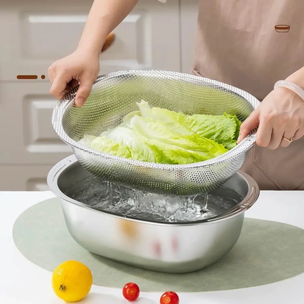 [Stainless Steel Filter Set] 2pcs Stainless Steel Micro-Perforated Filter Basin Set – Multi-Purpose Colander And Mixing Basin, Ideal for Cleaning Veggies, Fruits, Rice And Draining Pasta. Reinforced Large-Size Design, Dishwasher Safe And Rust-Proof