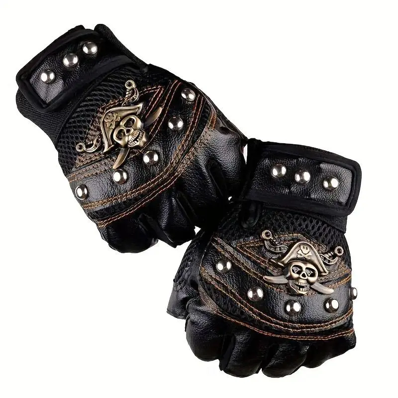 Men's Skull Half-Finger Outdoor Sports Gloves - Pirate Personality Rivet Biker Handwear, Edgy Motorcycle Cycling Gear for Halloween & Riding