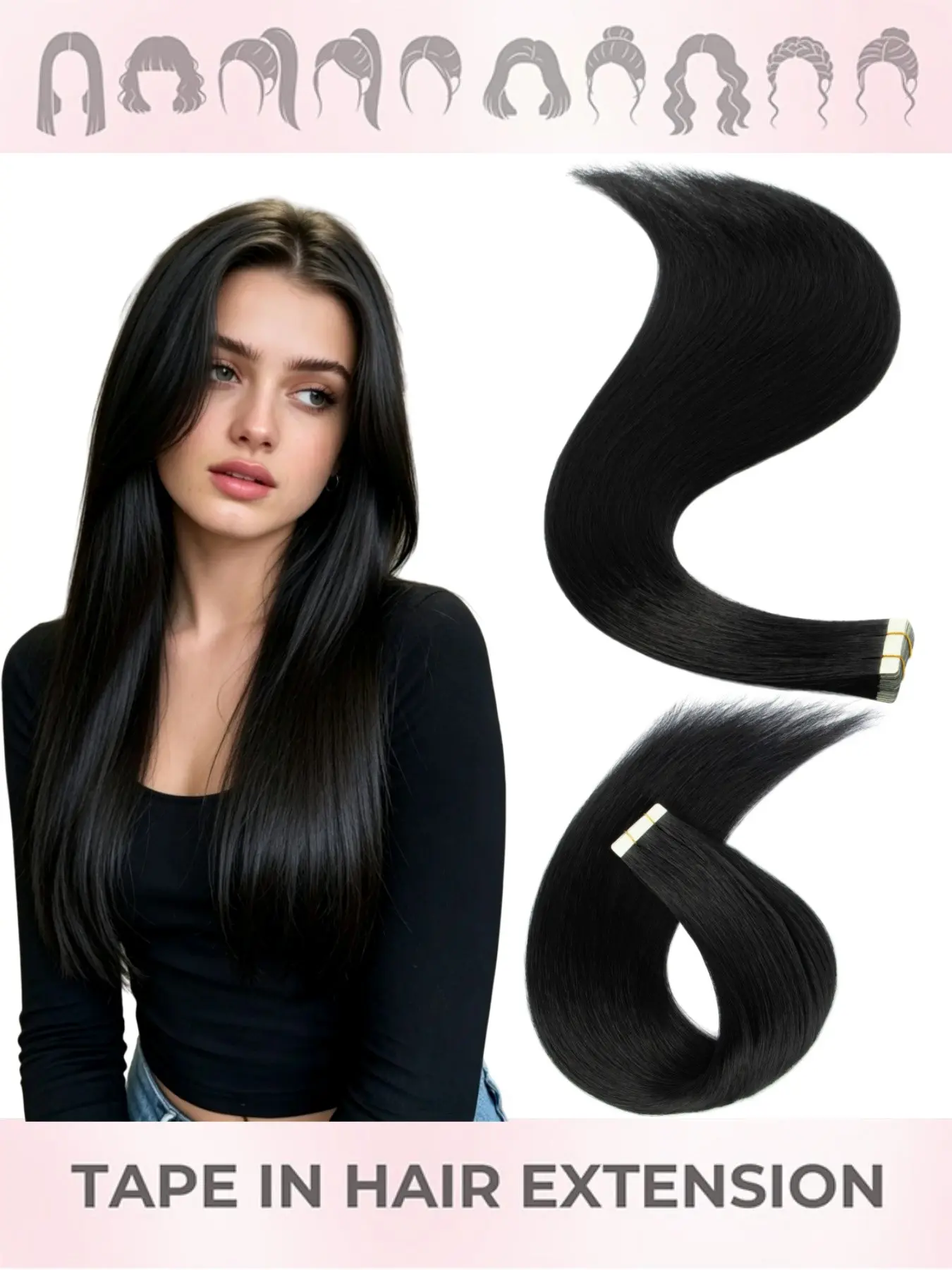 20 Inch Tape-In Hair Extensions, 50g Seamless Synthetic Hair, 20 Pieces, Smooth Straight Hair, Natural Look, Easy Application