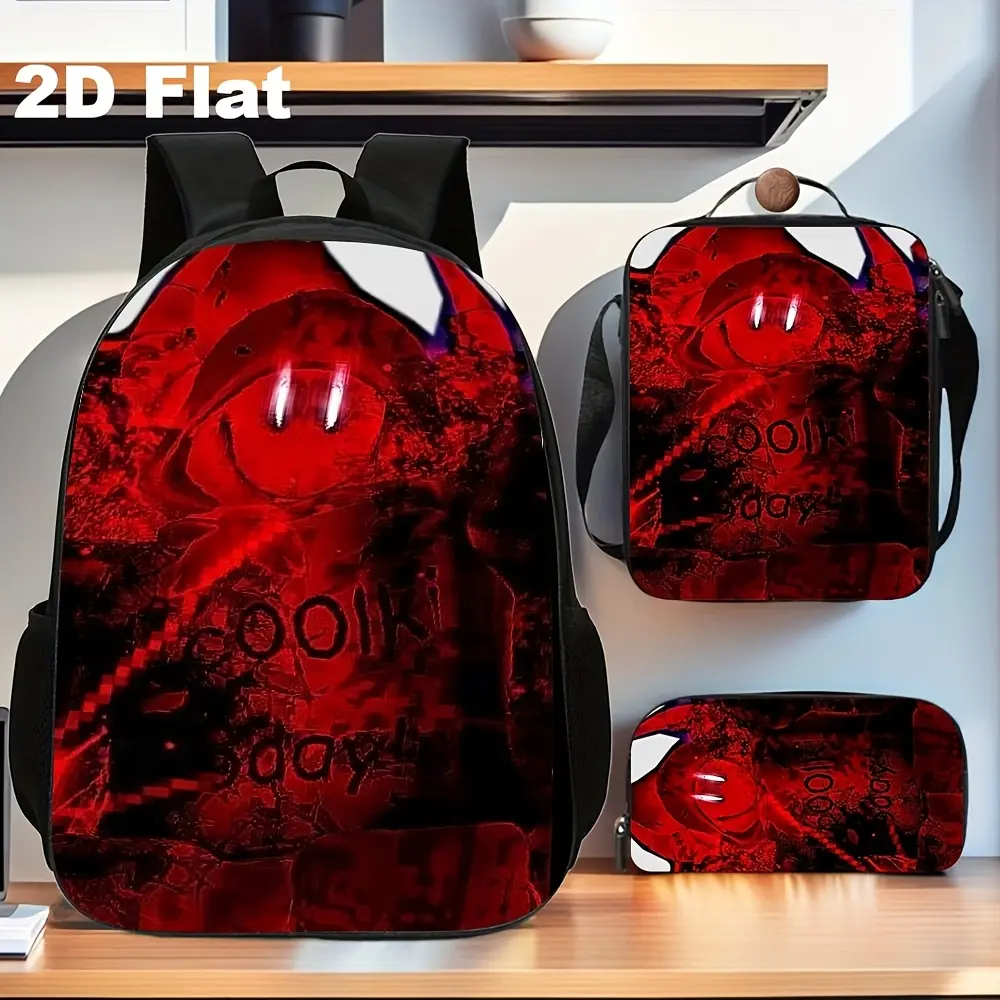3-piece set of red vintage cartoon print backpack - durable student bag, comes with matching lunch box and pencil case, stylish and trendy design, suitable for teenagers, lightweight and spacious, ideal for daily use/back-to-school season, suitable for te