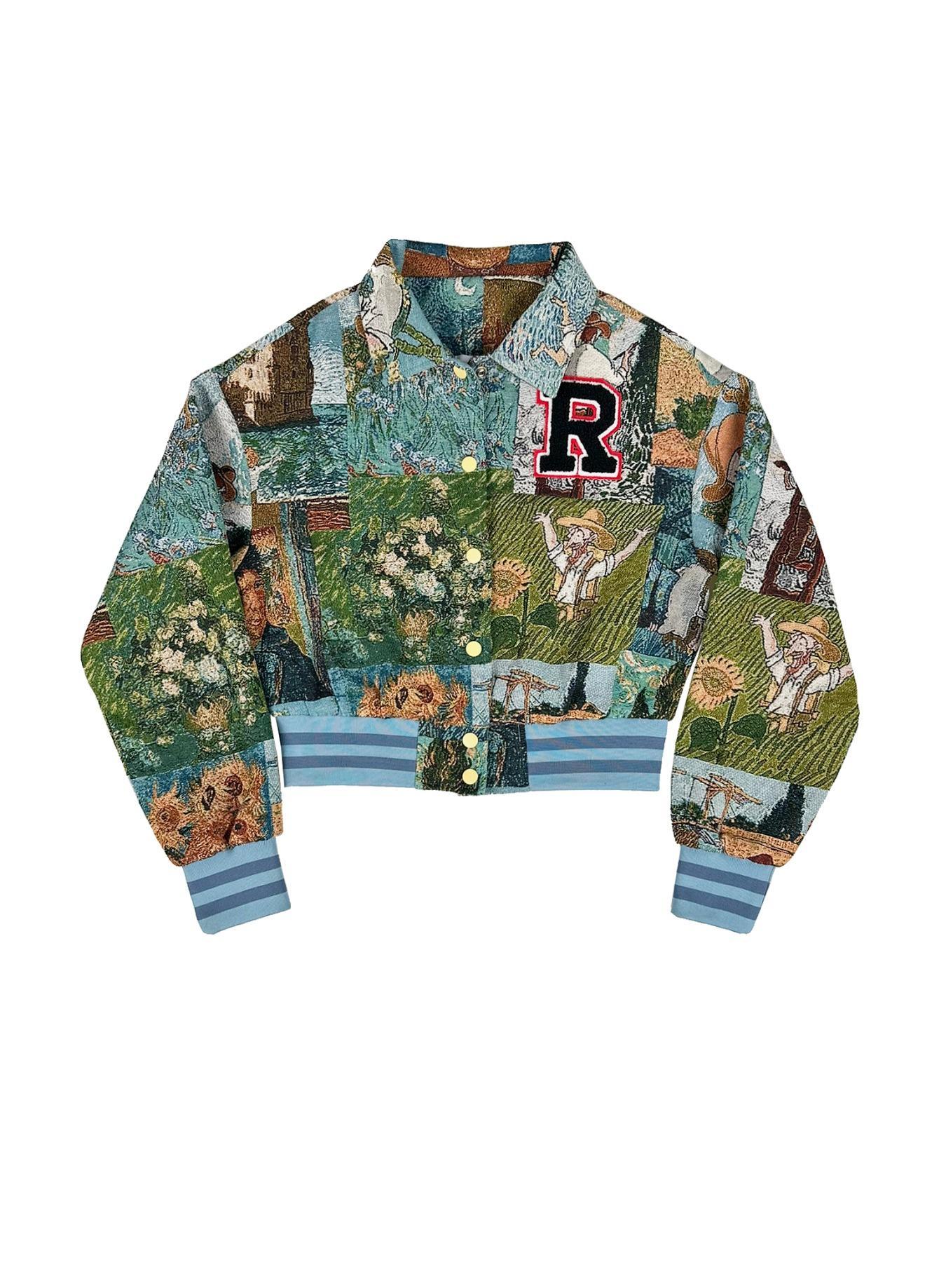 Women's Floral Print Collared Crop Varsity Jacket, Casual Fashionable Jacket, Long Sleeve Outerwear for Spring & Fall, Ladies Clothes for Daily Wear